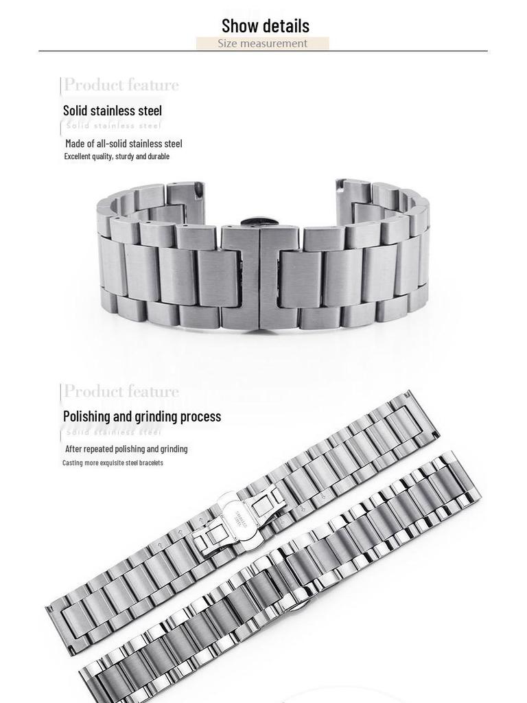 Solid Longjing Steel Watch Band – Three-Bead Men's Brushed Metal Strap