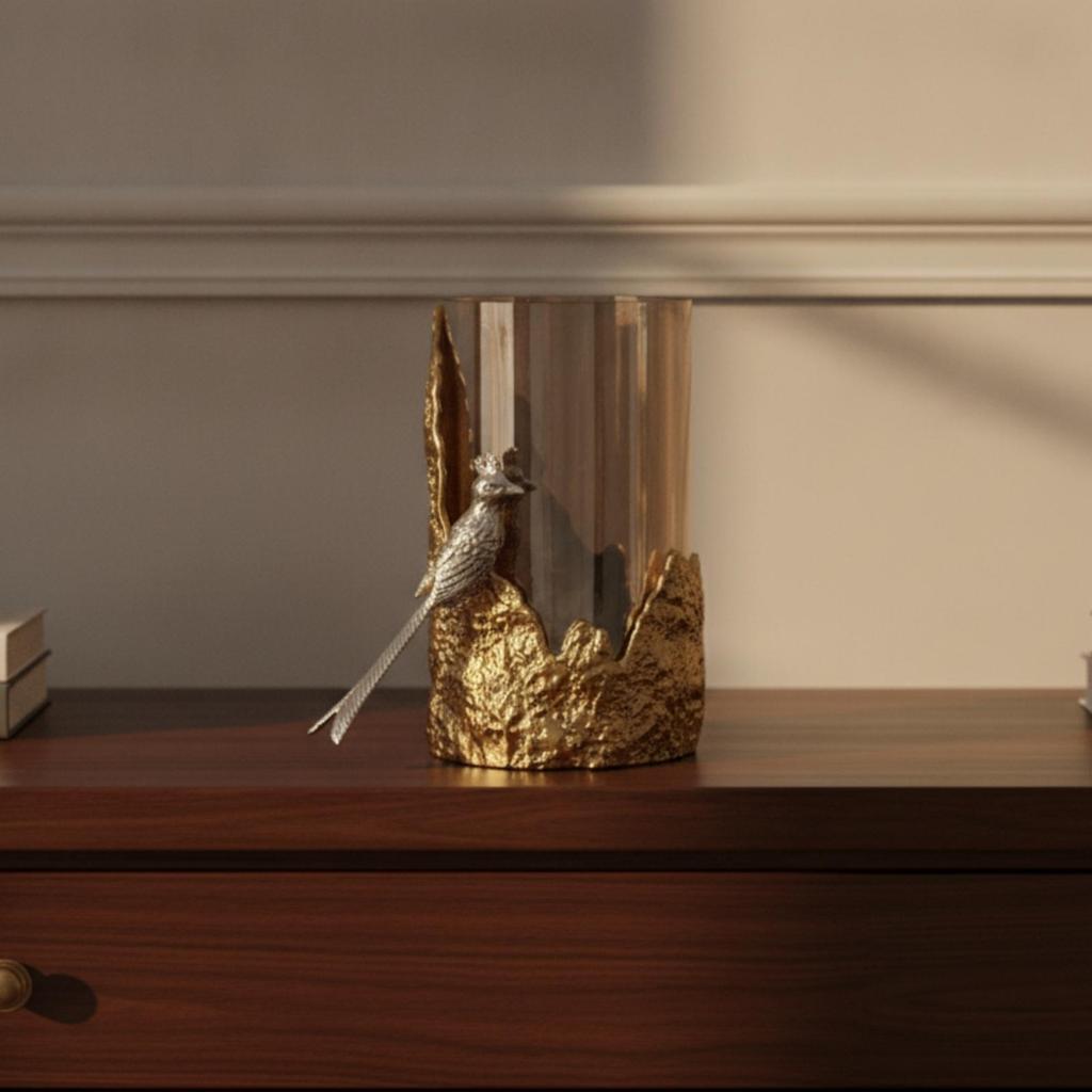 Glass Candle Holder with Bird Elegant Decor Luxe for Coffee Table, Shelf Styling
