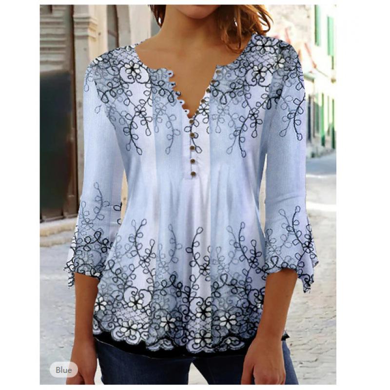 Women s V Neck Three Quarter Sleeve Floral Print T-Shirt Loose Fit Casual Blouse S