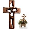 Hand-Carved Intertwined Hearts Cross Wall Decoration Rustic Wooden Double Hearts Cross Wall Sculpture Religious Decor