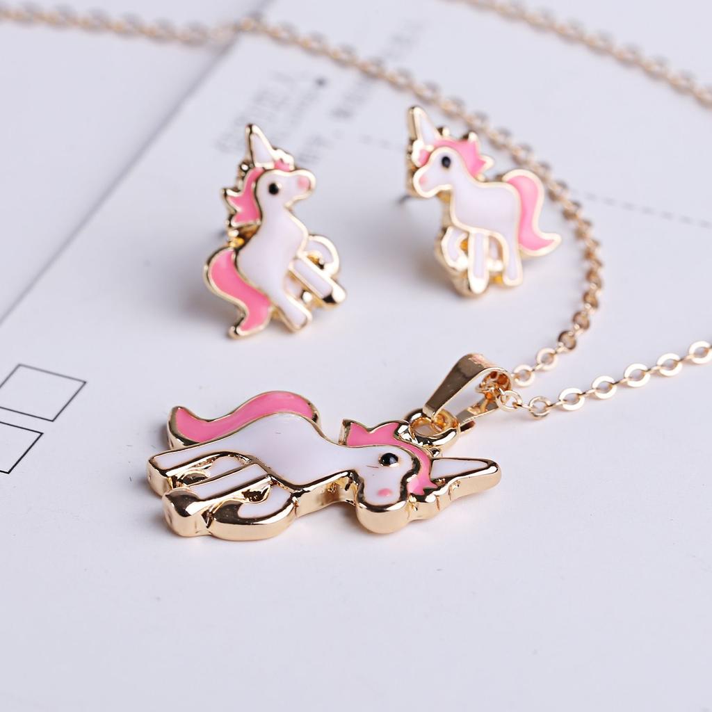 Pink 3pcsset Horse Unicorn Jewelry Sets For Women Earrings Necklaces Best Gifts