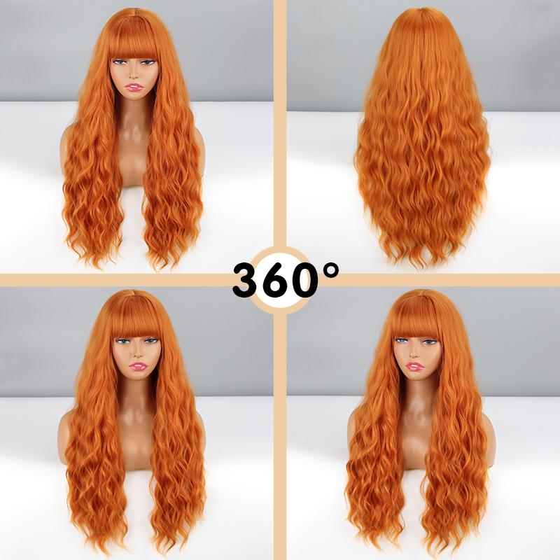MERISIHAIR Dlouhá vlnitá oranžová dámská paruka s ofinou Cosplay ze syntetických vláken Denní nošení Dlouhá přírodní vlnitá paruka Ombre barva