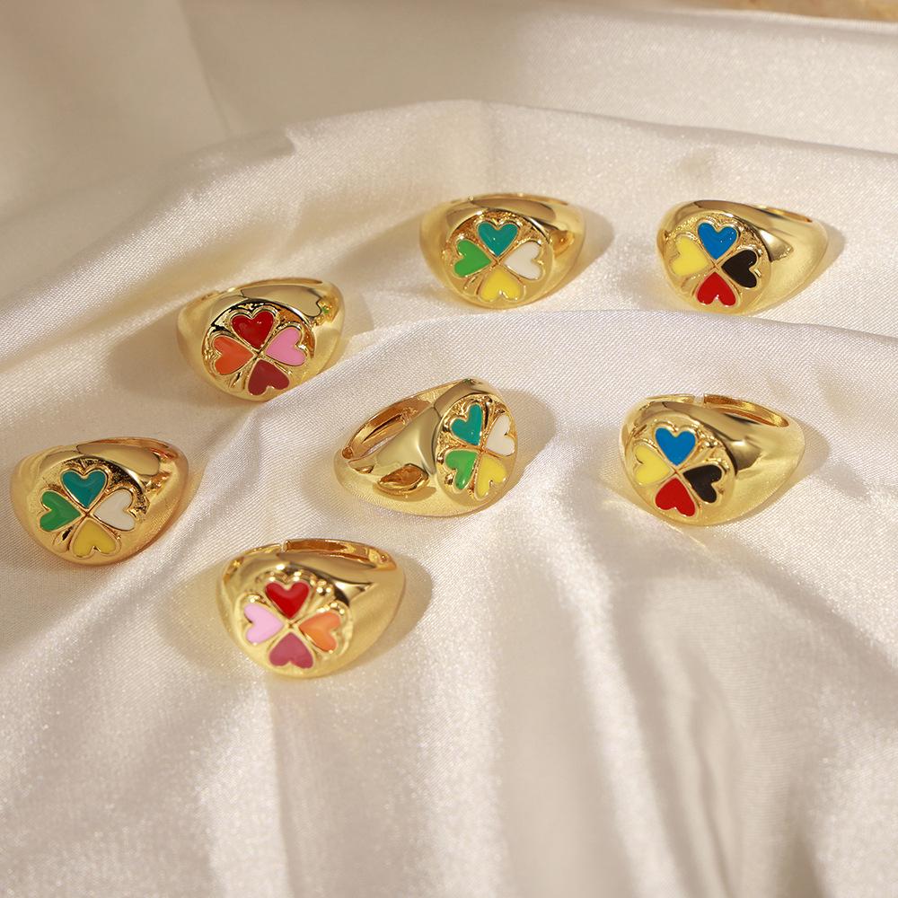 Korean Style Geometric Heart Clover Enamel Ring for Women - Trendy Temperament Design