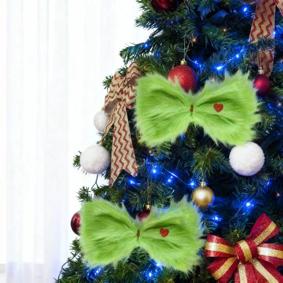 Christmas Green Furry Bow for Tree Large Green Furry Hair Bow with Red Heart Christmas Costume Accessories for Women Girls