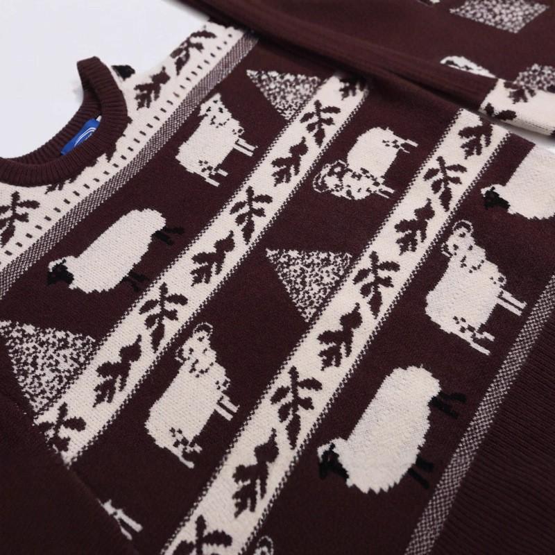 Unisex Oversized Knit Sweater With Retro Cartoon Jacquard Cozy Loose Fit Winter Streetwear