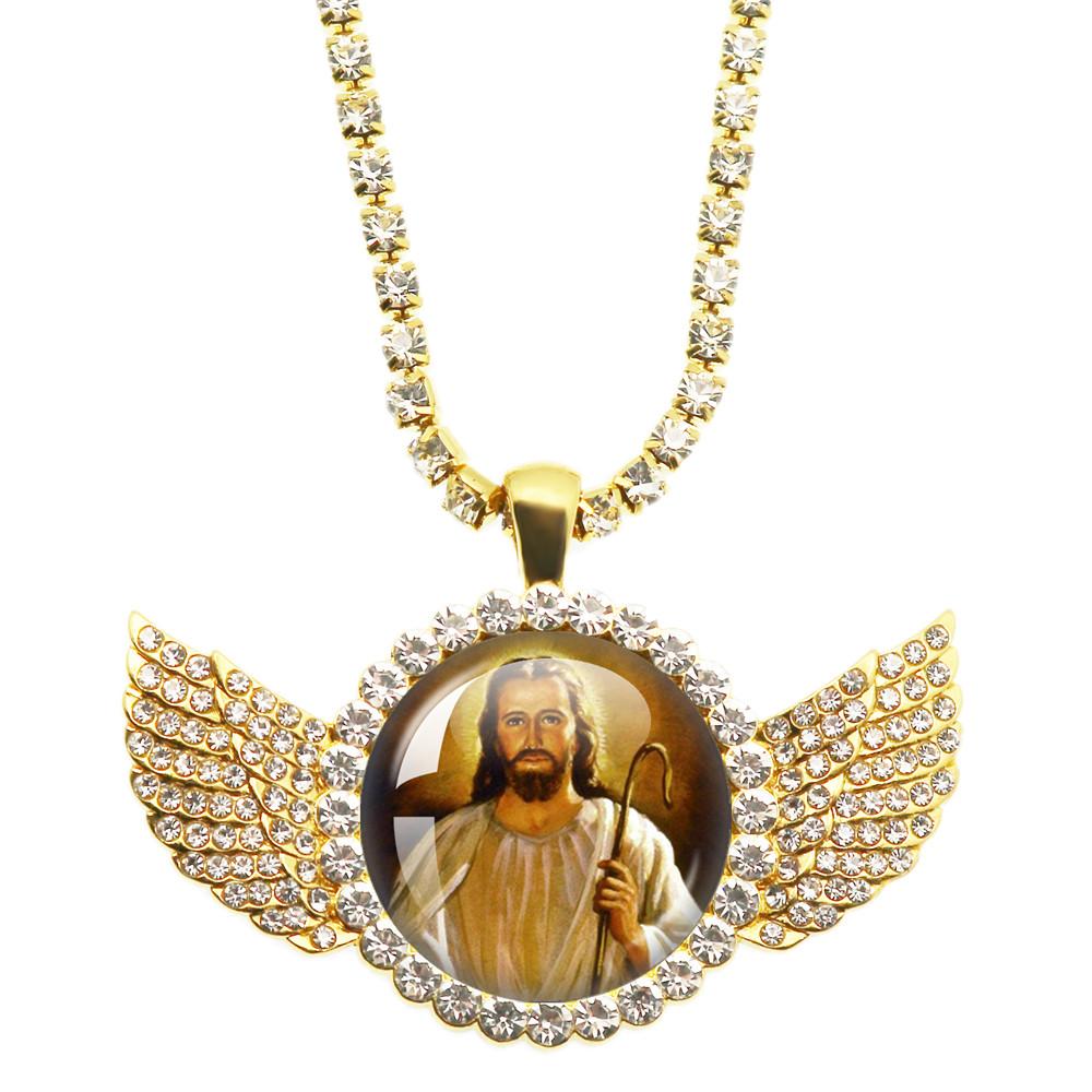 Jesus Art Picture Locket Pendant Angel Wings Necklace Religious Glass Dome Necklace Best Gifts For Christians