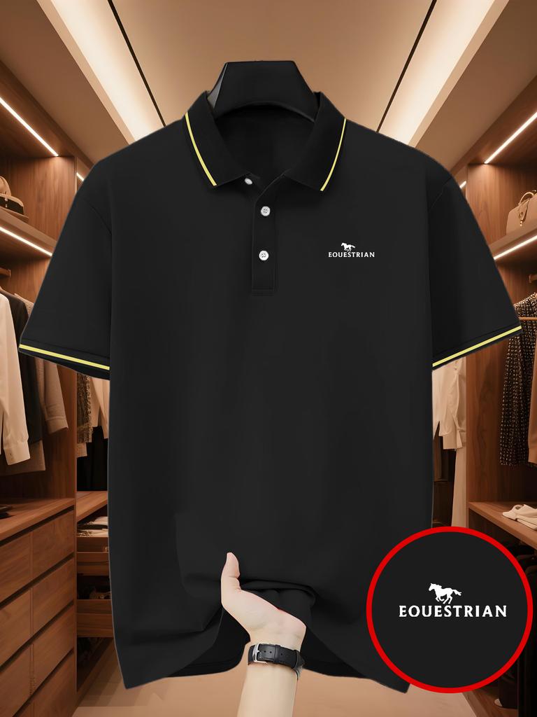 Running Horse Pattern Print, Men's Outdoor Golf Polo Shirt, Business Casual T-Shirt, Breathable Short-Sleeved Lapel for Daily Casual Wear