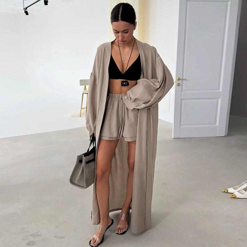 

Повседневный женский длинный кардиган, шорты, комплект, короткие брюки на шнуровке с рукавами-фонариками, однотонные комплекты 2025 лето, элегантный женский костюм из 2 предметов XL хаки