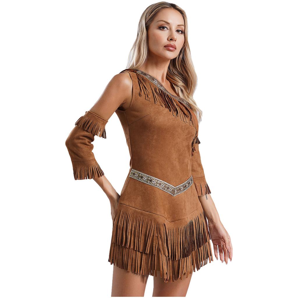 Kadınlar 3 Parça Cadılar Bayramı Yerli Kıyafetleri Seti Kızılderili Kız Yerli Prenses Giydirme Kostümü