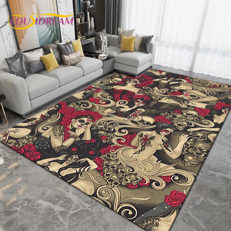 Cartoon Skull Girl Area Rug Large,Carpet Rug for Living Room Bedroom Sofa Decoration,Doormat Kitchen Bathroom Non-slip Floor Mat