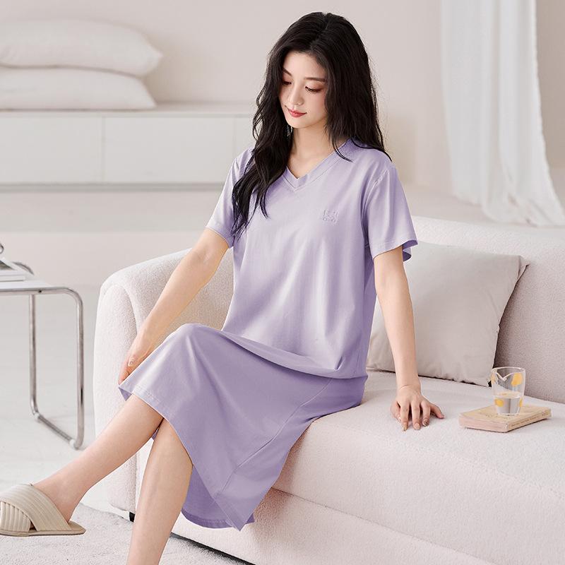 nightgown with chest pad women's summer pure cotton short-sleeved medium and long dress simple solid color summer can wear loungewear