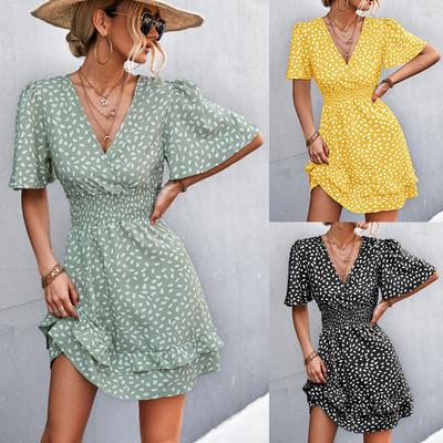 Vestido estampado com decote em V e flores, vestido elegante que abraça a cintura para mulheres, vestidos soltos de manga curta, vestido casual