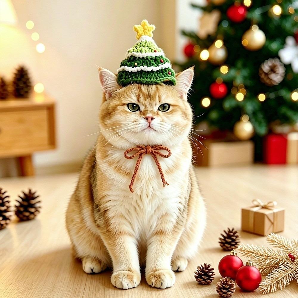 Soft Texture Pet Tree Hat Handmade Knit Kitten Collar Christmas Cat Scarf Small Dogs