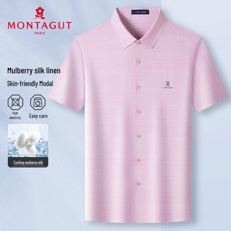 MONTAGUT Men's Summer Plaid Modal Blend Short-Sleeve Shirt
