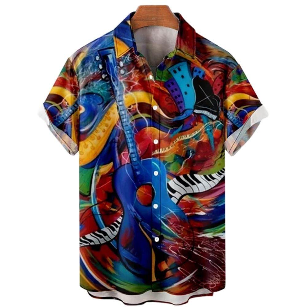 Men's Music Guitar Print Shirts Rock Hip Hop 2025 Men's Clothing Short Sleeve Beach Shirt Outdoor Street Social Vintage Shirt