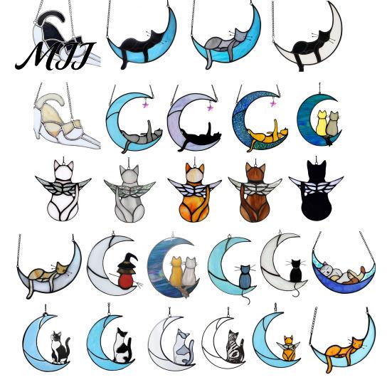 Cat Wall Art Acrylic Hanging Pendant with Chain, Animal Ornament for Window Light Translucent Decor, Cute Lover Gift Home Room Decoration Decor
