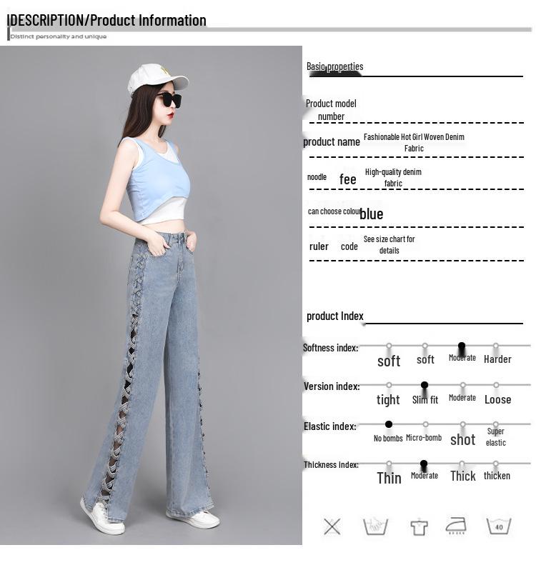 Women's Light Blue Summer Jeans - Stylish Design, Side Hollow, Straight Wide Leg