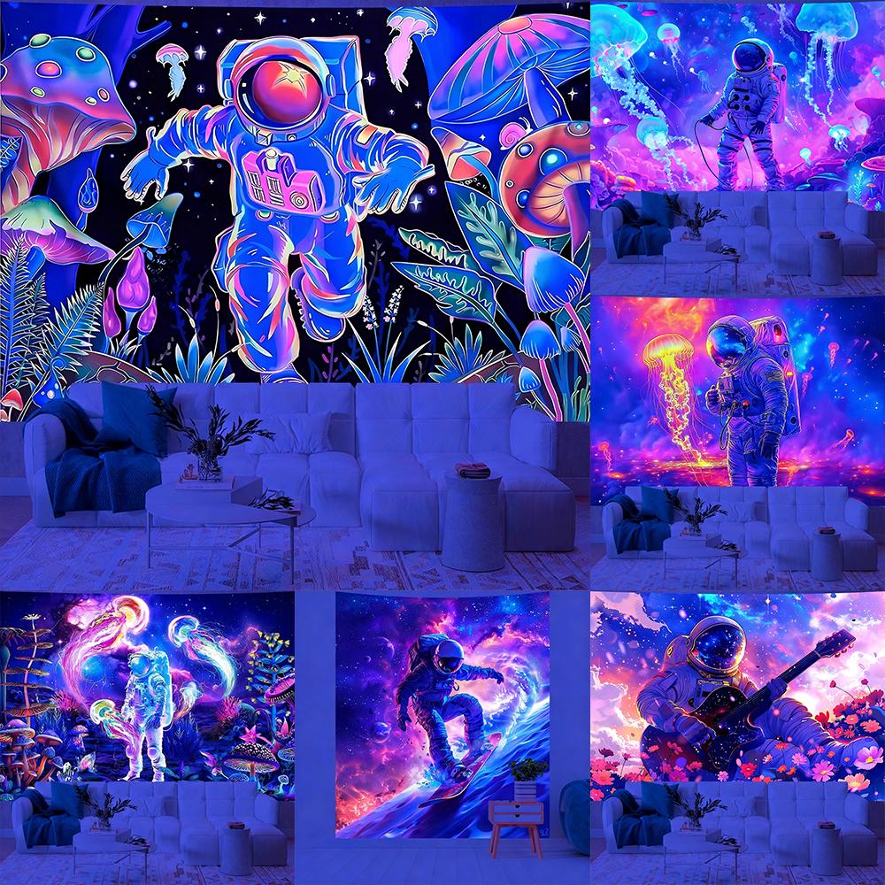 Neon Astronaut Tapestry For Vivid Decor Uv Reaction Tapestry Background Decoration Wall Hanging Bedroom Party Decoration