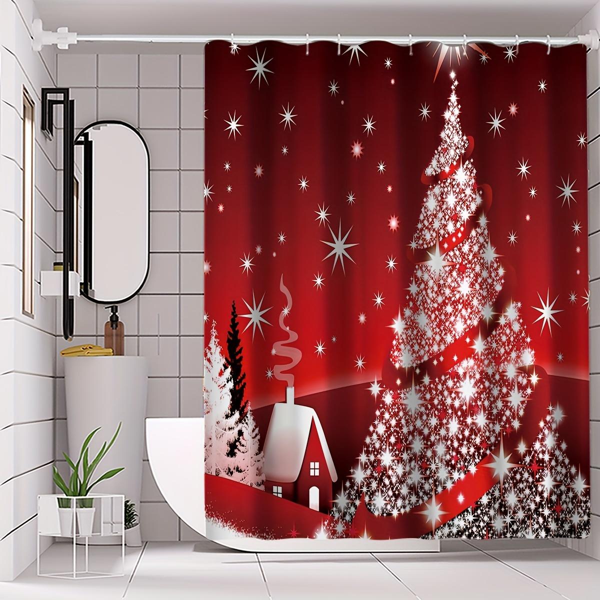 

Festive Christmas Tree Shower Curtain with Snowflakes & Stars - Red Holiday Bathroom Decor, Polyester Knit Fabric, Includes Hook 70x100cm