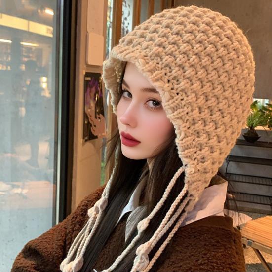 Women Crochet Slouchy Skull Cap with Tassel Handwoven Textured Knit Hat Ethnic Style Fringed Hat for Autumn Winter