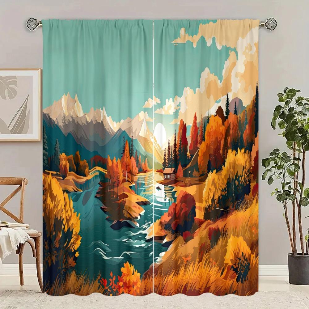 2 Pieces - Customizable Pattern Size - Printed Curtain - Polyester Material - Bedroom, Living Room, Study