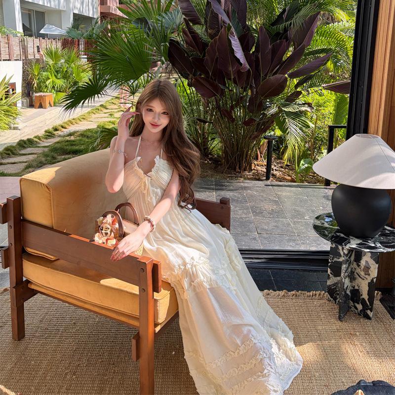 Bohemian Halter Neck Apricot Suspender Dress Women's Summer High-end Seaside Beach Vacation Dress
