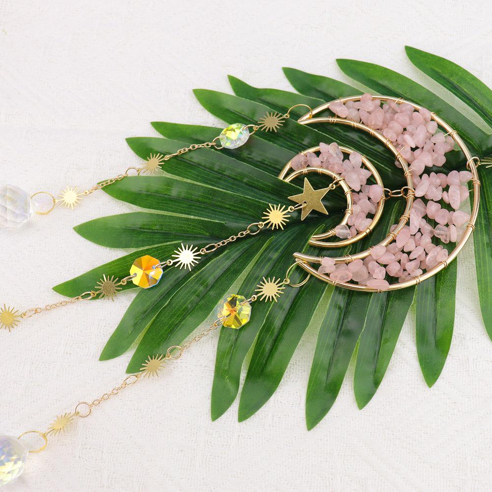 Natural Crystal Moon Pendant Sun Catcher Wind Chime for Home and Garden Decoration