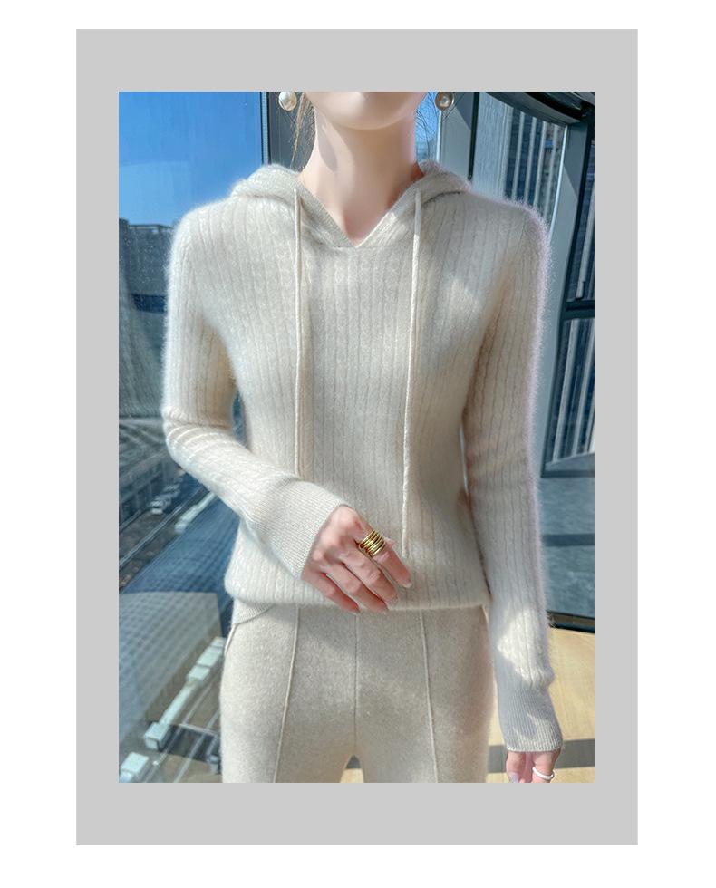 Damen Oversize Zopfstrick-Wollpullover mit Kapuze und Kordelzug: Herbst/Winter Pullover im literarischen Stil