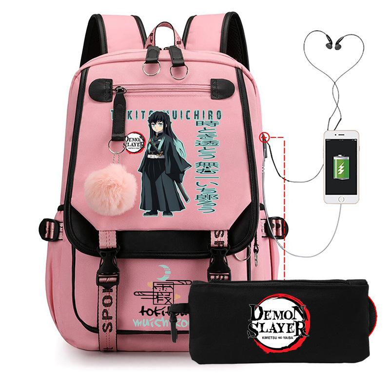 Casual Korean version schoolbag ghost extermination animation two-dimensional trend boys and girls USB backpack two-piece set