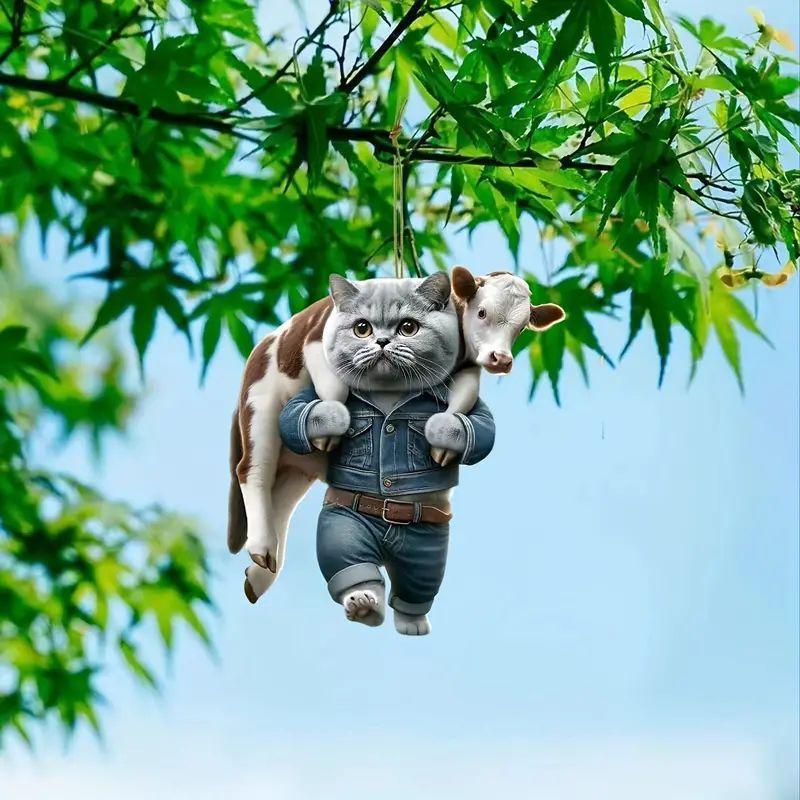 Cat Carrying Cow Christmas Home Christmas Tree Ornaments Acrylic Flat Pendant Car Pendant Keychain Pendant