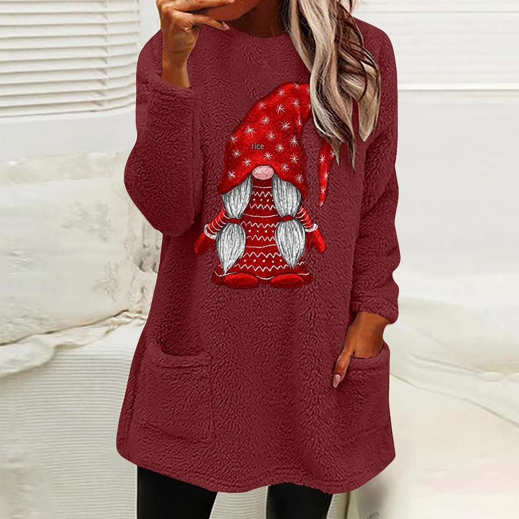 Women's Christmas Santa Print Round Neck Loose Long Sleeve Pocket Plush Hoodie