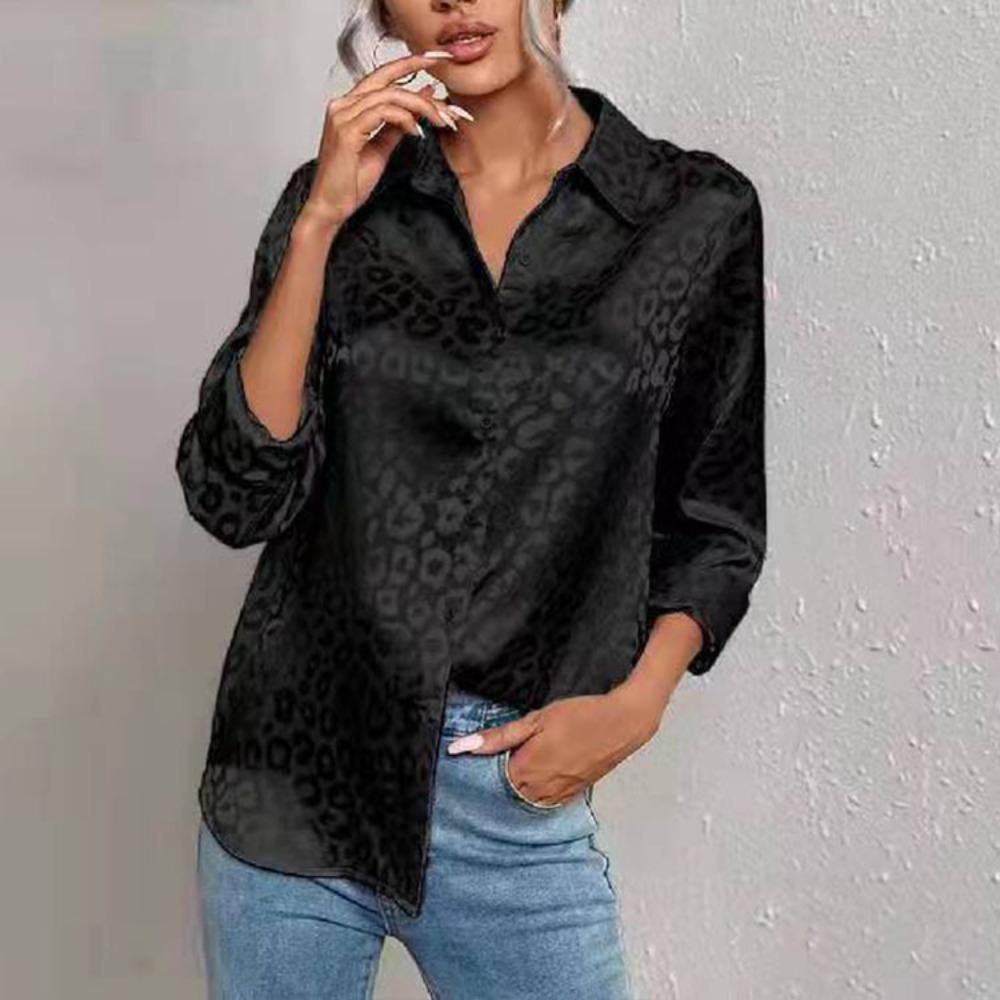 Women's Lapel Long Sleeve Shirt Loose Leopard Jacquard Satin Blouse For Spring Summer