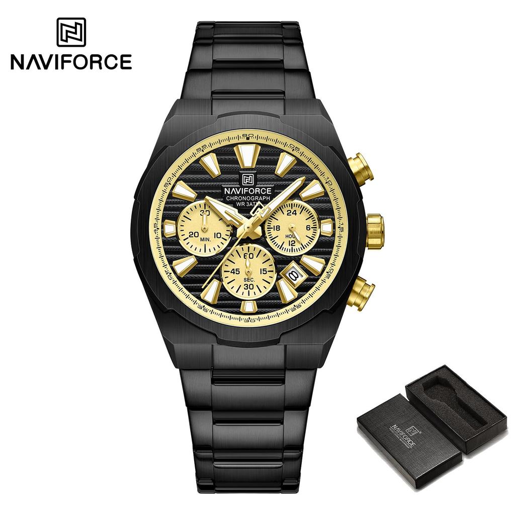 NAVFIROCE Original Men Quartz Watch Stainless Steel Strap Stopwatch Chronograph Date Waterproof Luminous Pointer Men Fashion Watch NF8081