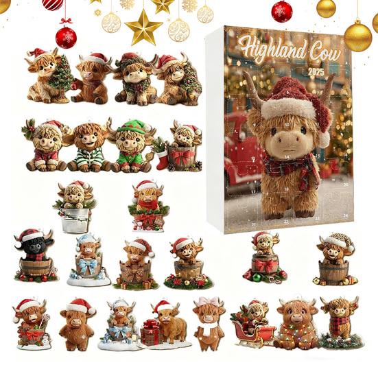 Highlandská kráva Adventní kalendář 2025 24 dní Odpočítávací kalendář do Vánoc s ozdobami Highlandské krávy na vánoční stromeček Domácí dekorace