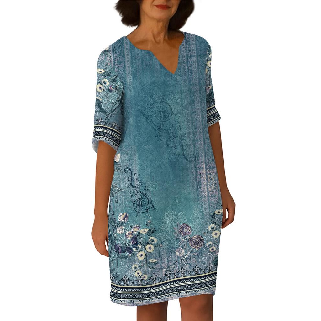 Dresses For Womens Vintage Print Tunic Waisted Midi Dress Summer Casual  Half Sleeve Dress