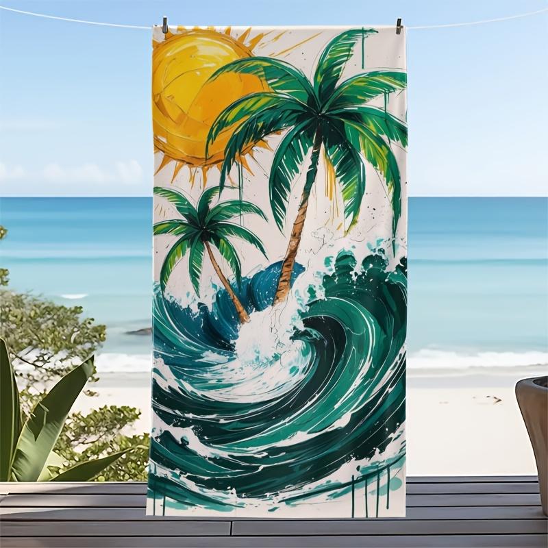 

Vibrant Watercolor Palm Tree Wave Print Beach Towel, Soft Quick Dry Oversized Bath Towel, Tropical Summer Accessory 1pcs W30*H60(CM)