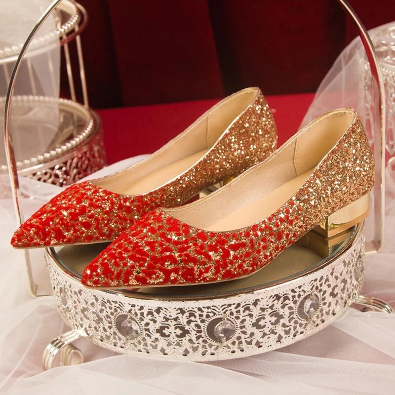 Fashion Sexy  Shiny Sequin Pumps Women 2024 New Pointed Toe Low Heels Wedding Party Shoes Woman Slip-on Bling Glitter Bride Shoes