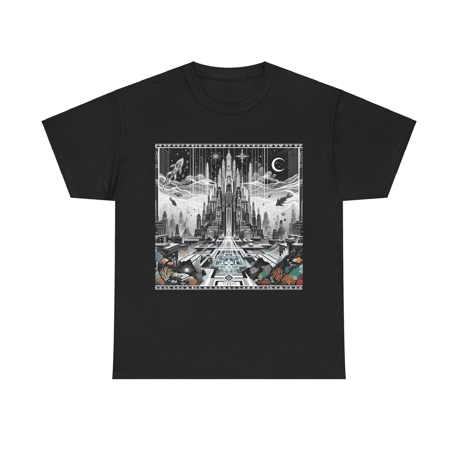 Unisex Adult T Shirt Art Deco Atlantis Underwater City Ancient Civilization Tee 4XL