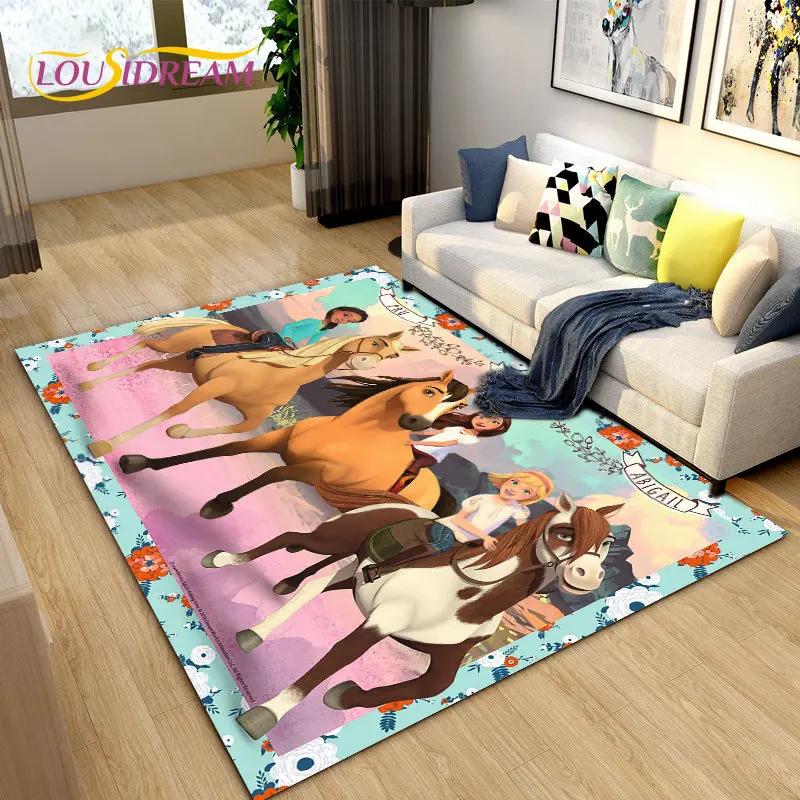 Cartoon Spirit Riding Free Horses Area Rug,Carpet Rug for Living Room Bedroom Sofa Doormat Decoration, Kids Non-slip Floor Mat