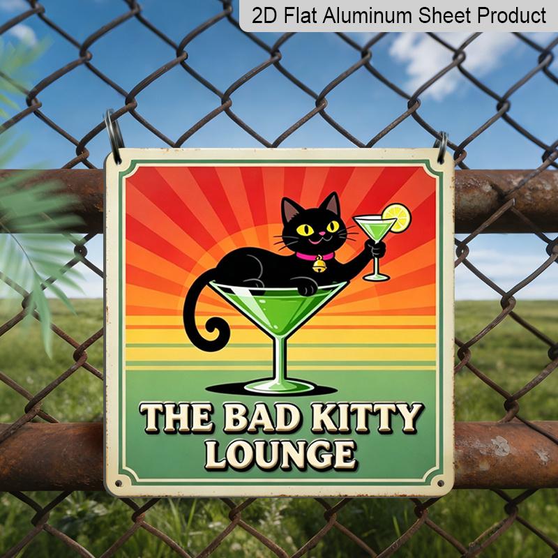 

2D Flat - 1pc, Vintage Metal Aluminum Decorative Sign, Bad Cat Cocktail Humorous Slogan, Suitable for Porch, Foyer, Living Room, Bar, Room Decor 20*20cm