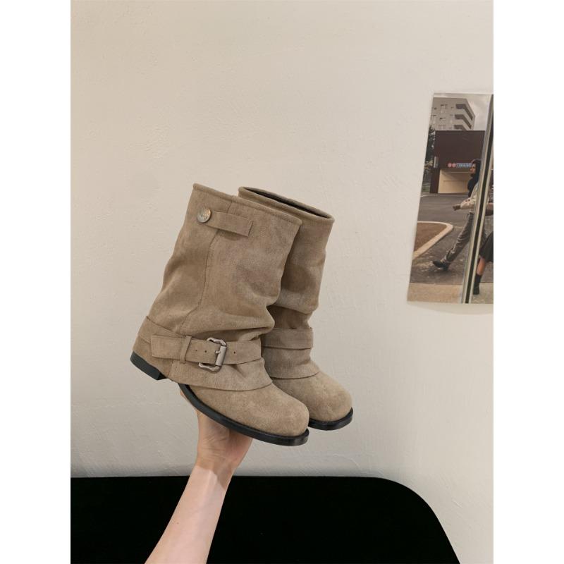 Coarse Heel Brown Maillard Pile Martin Boots Women's Shoes New Spring and Autumn Single Boots Skinny with Skirt Short Boots