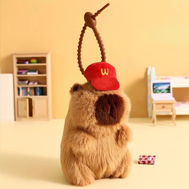 Adorable Capybara Plush Pendant with Floral Quilted Military Coat Keychain
