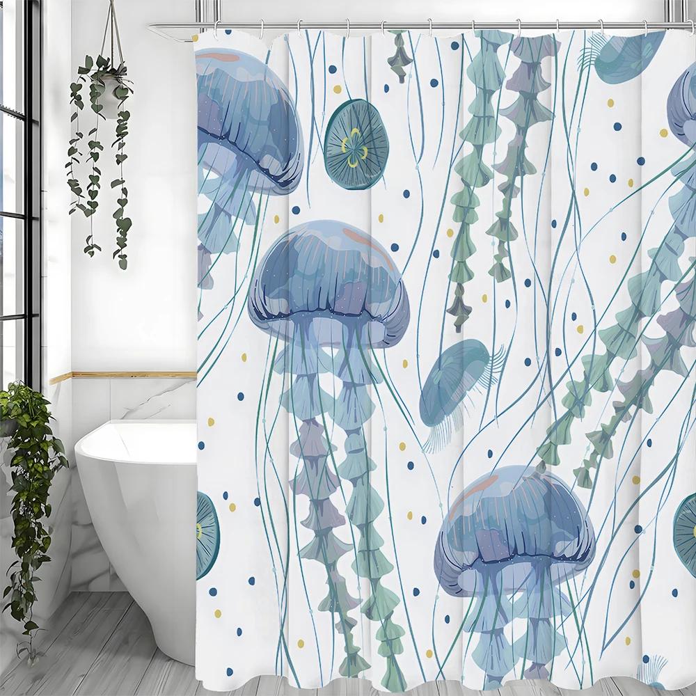 Watercolor Blue Jellyfish Shower Curtain, Bathroom Decorative Shower Curtain, Waterproof Shower Curtain With Hooks