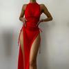 Maillot de bain femme fendu trois points cordon de serrage couleur unie maille trois pièces maille Bikini ensembles