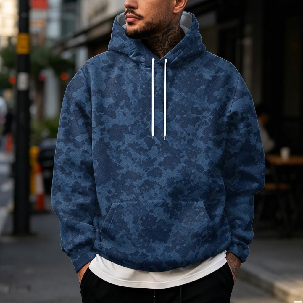 Men's Vintage Print Hoodie with Single Pocket Casual Pullover