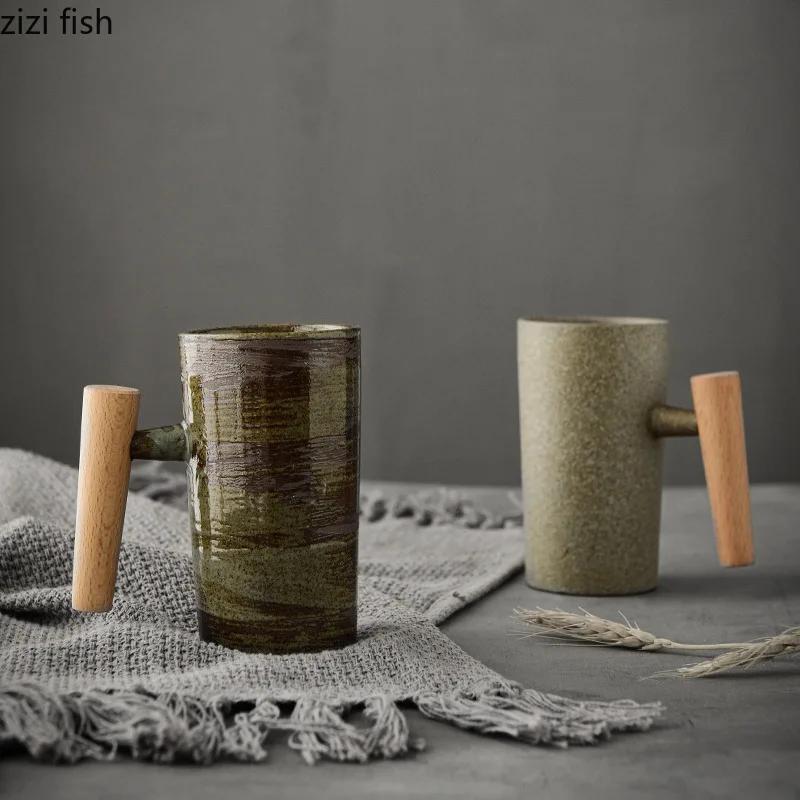 Ceramic Mug with Wooden Handle Coffee Cup Oatmeal Breakfast Cups Couple Water Cups Milk Mug Milk Tea Cup Juice Glasses Tea Mugs