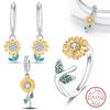 925 Silver Classic Golden Sunflower Ring Earrings Pendant Set For Women Fine Birthday Jewelry Sets