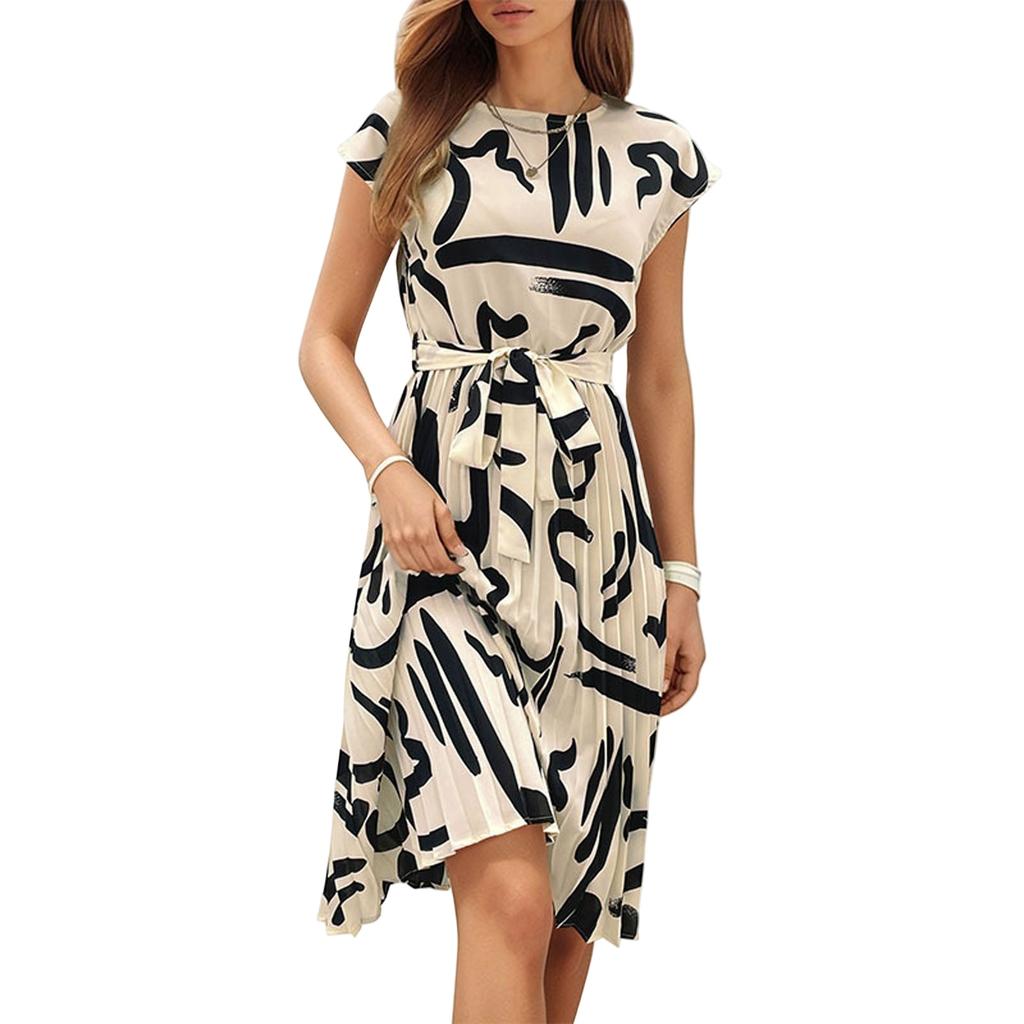 Women's Casual Loose Print Pleated Waistband Dress Print Pleated Waistband Dress