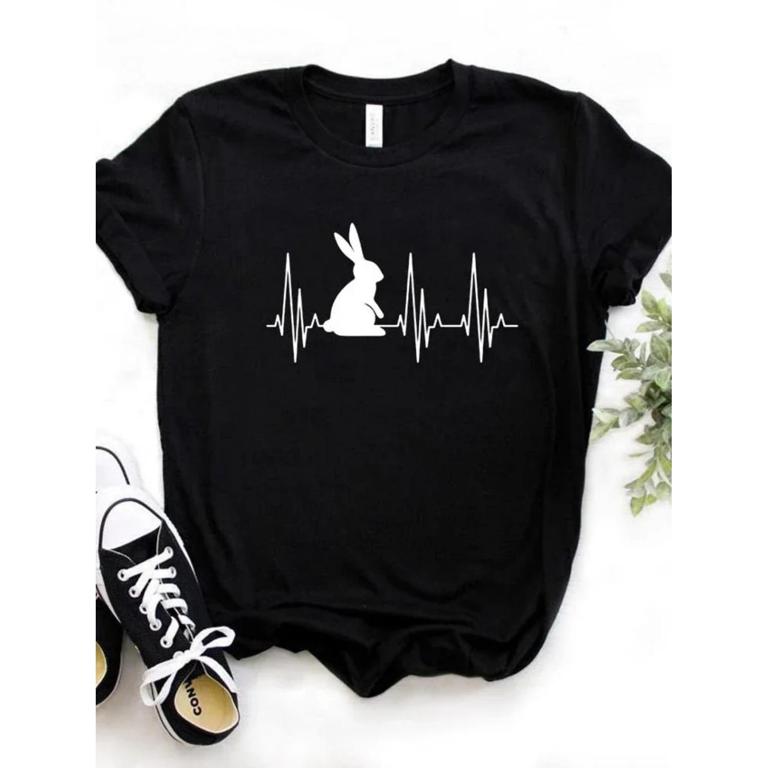 

Women T Shirt Bunny Heartbeat Rabbit Print Tshirt Women Short Sleeve O Neck Loose T-shirt Ladies Causal Tee Shirt Tops S чёрный