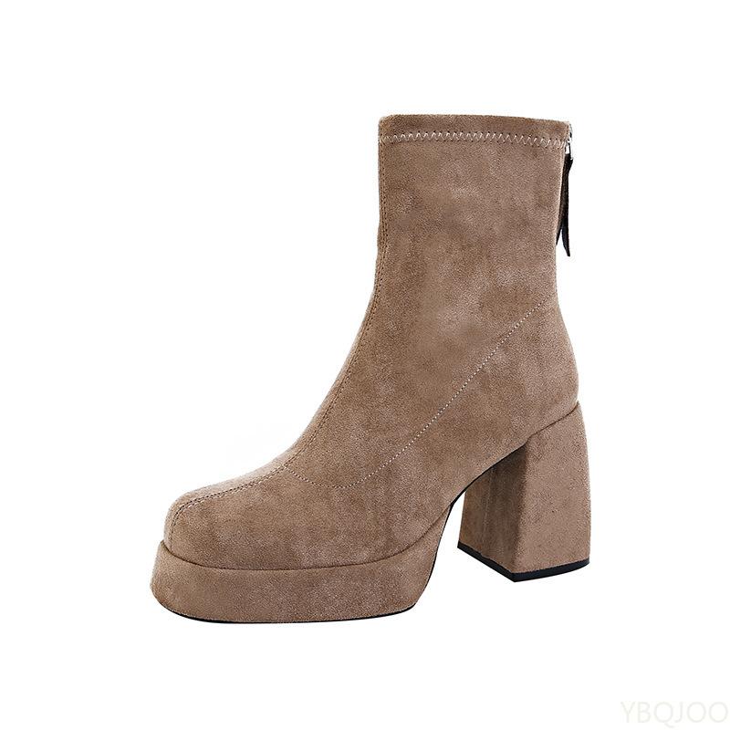 

New autumn retro thick soled high-heeled women s boots fashion back zipper short boots fashionable versatile women s shoes 36